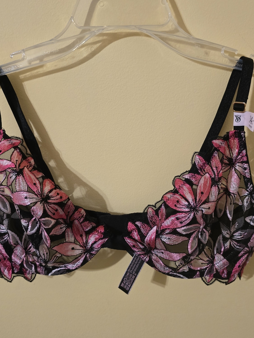 Victoria's Secret Black Bra with Pink Floral Embroidery